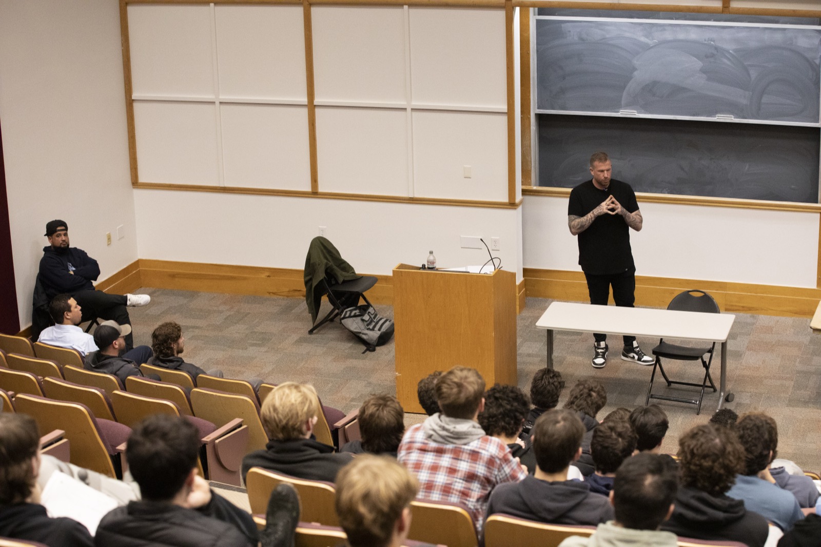 Speaking at a university lecture hall